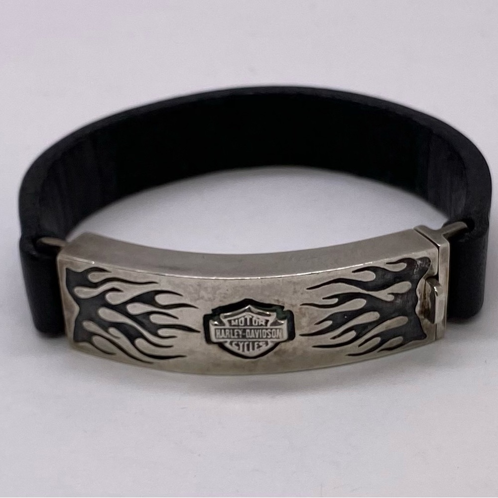 Vintage Harley Davidson Bracelet Sterling Silver Black Leather Chunky Bracelet